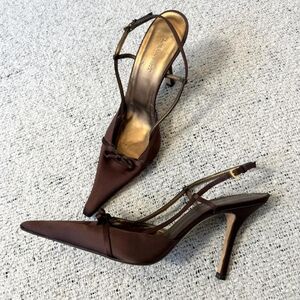 L.K. Bennett Brown Satin Pointed Toe Slingback Heels